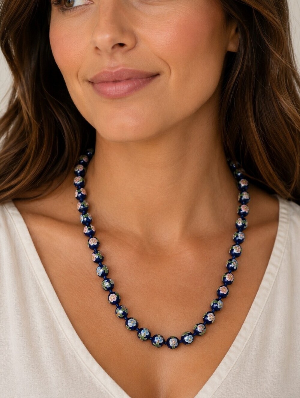 VTG Knotted Floral Cloisonne Royal Blue Beaded Necklace
